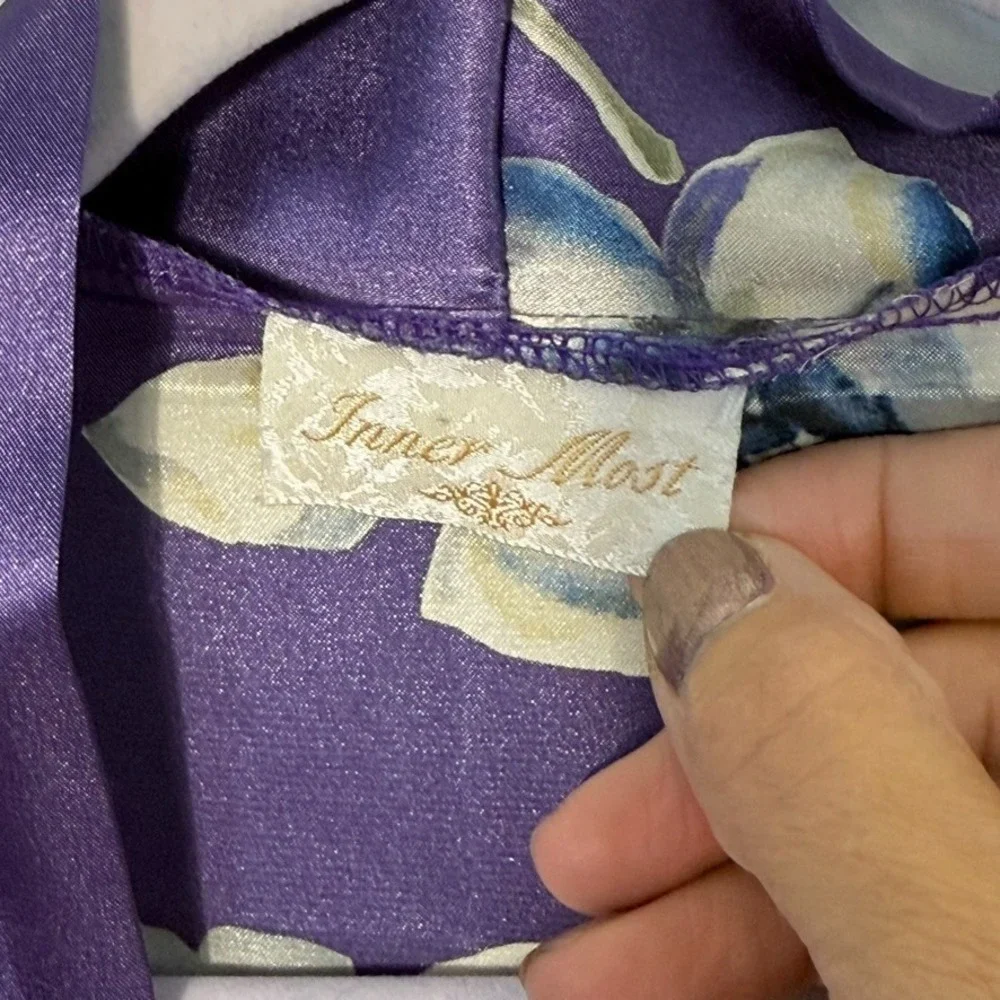 Vintage Inner Most Floral Dressing Gown Robe M/L Purple 80s Satin Travel